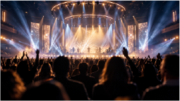 Crowd in front of a lit stage at a live event